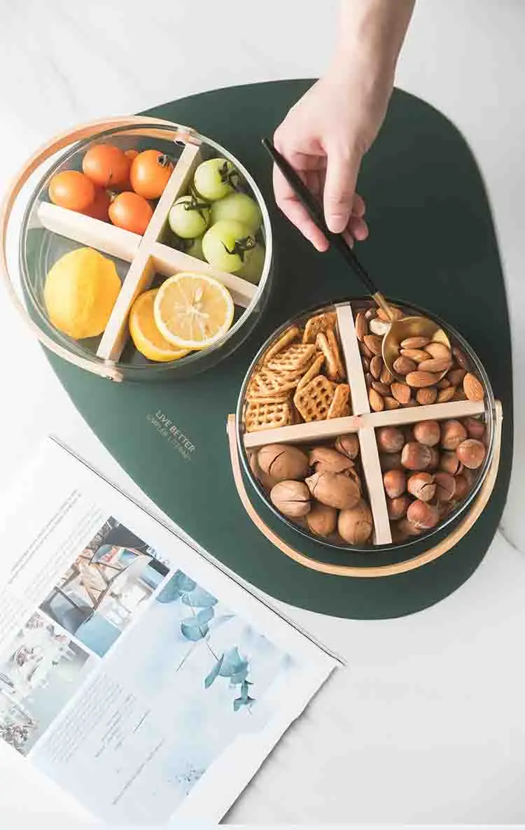 18.5cm Diameter Glass Fruit/Nut Plate with Bamboo Handle, Glass Basket by Clear Borosilicate