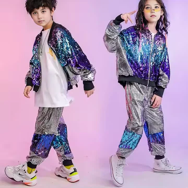 Jazz dance hip hop sequined dance performance costume kids two piece sets custom boys clothing sets