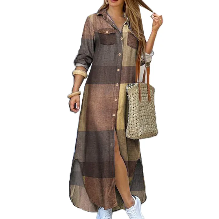 hot sale Long Maxi Dresses polyester One piece summer loose plaid Dress