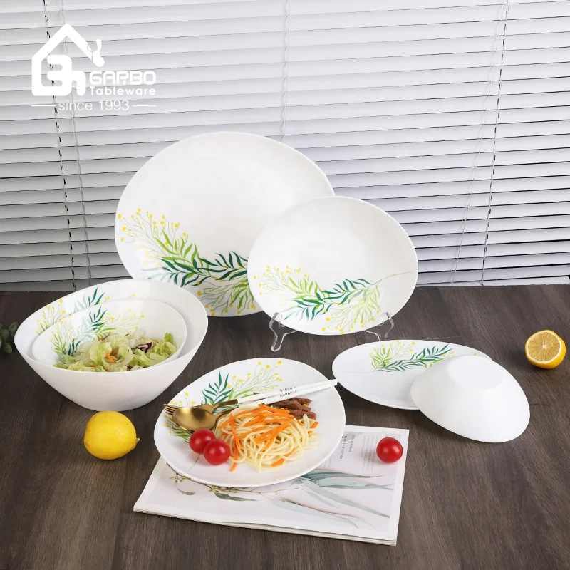 Manufacturer opal glass dinnerware set with decal and heat resistant luxury dinner set with 9inch opal glass  plate and bowl set