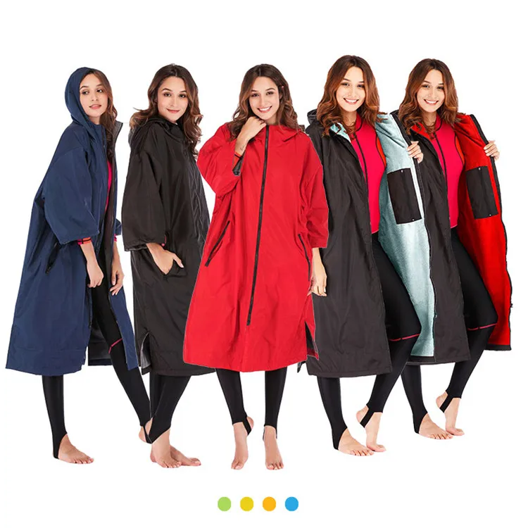 Custom Logo Long Sleeve Changing Robe Thermal Waterproof Surf Poncho Towel Fleece Lining Swimming Hooded Beach Dry Robe Changing