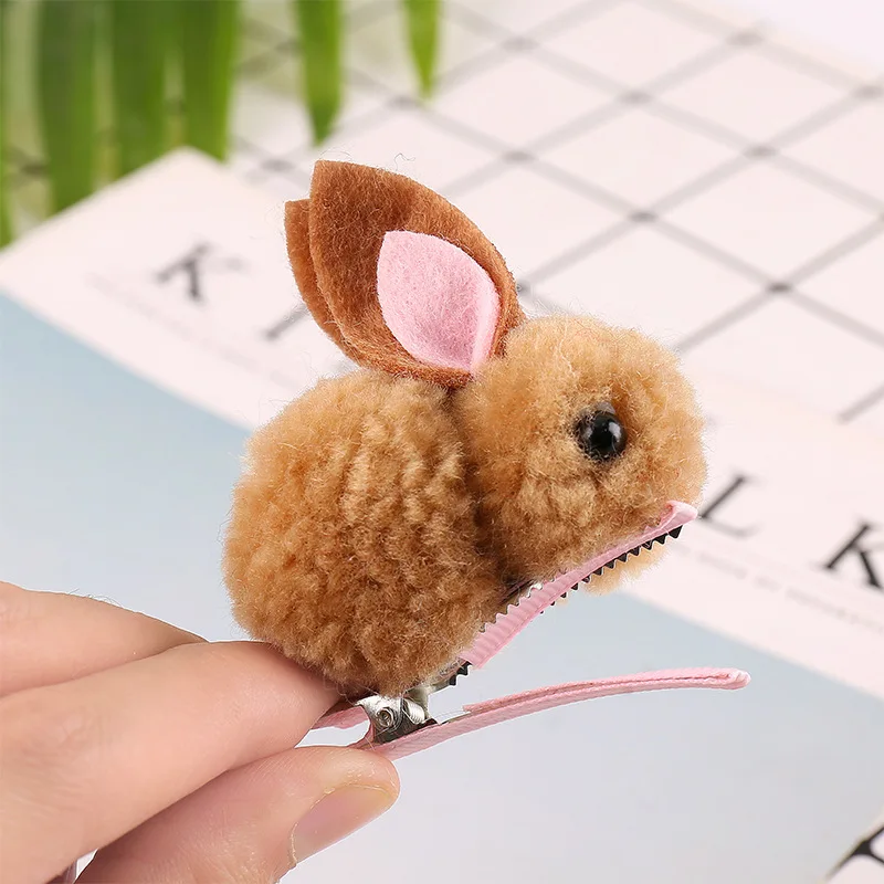 Popular Cute Pompom Plush Cartoon Bunny Girls Hairclip Lovely Stuffed Animal Rabbit Hairpin Hair Clips