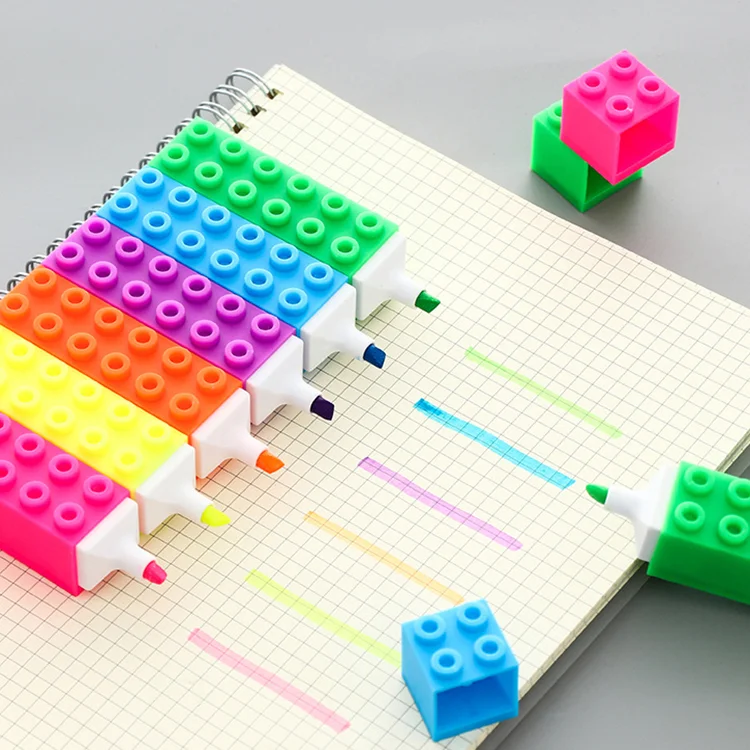 Promotional Multi Color Creative Toy Building Block Shape Highlighter Marker Pens for Kids