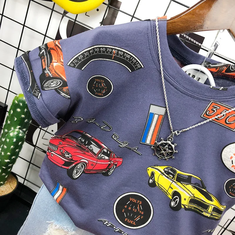Summer children short sleeve T-shirt 2024 new Kids car Print base shirt boys short sleeve jeans set
