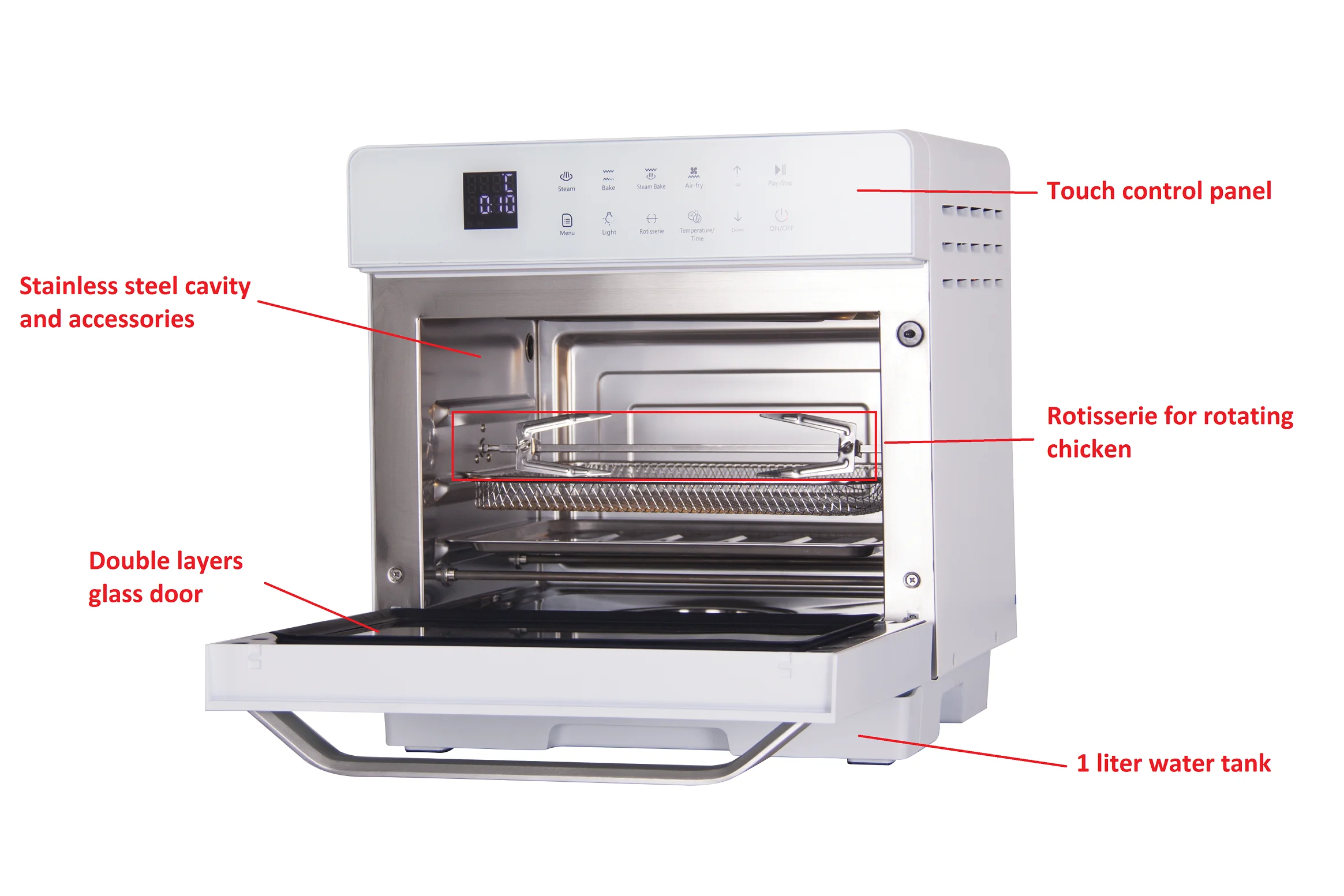 20L Multi-function free standing kitchen desk Air Fryer Steam Ovens with Rotisserie chicken toaster + cake pizza Oven