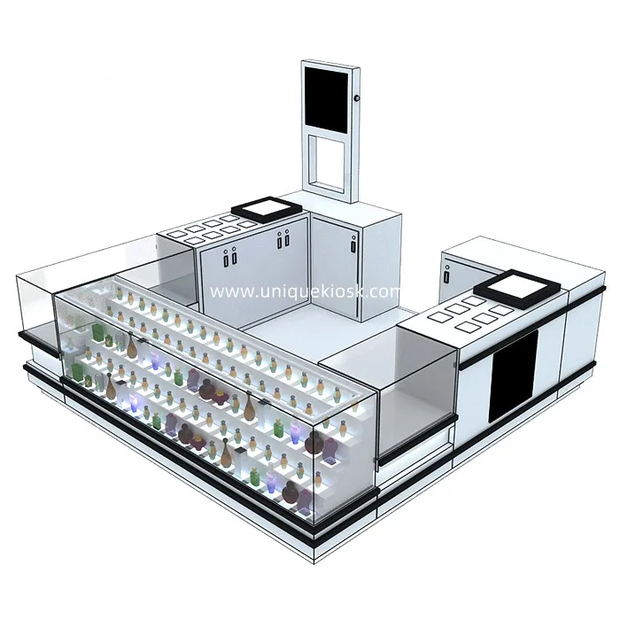 Высокое качество парфюмерный киоск дизайн белая косметика витрина стеклянная для парфюмерии на продажу