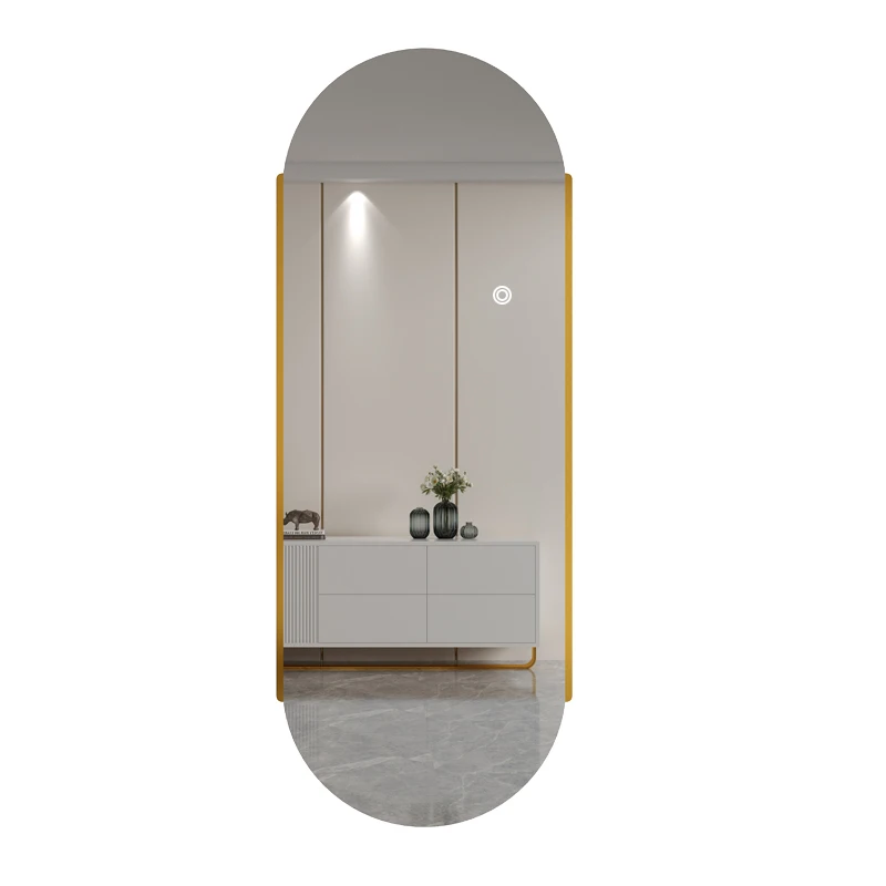 Customized wholesale Golden metal frame oval LED smart wall mirror Semicircle wall full body LED light mirror