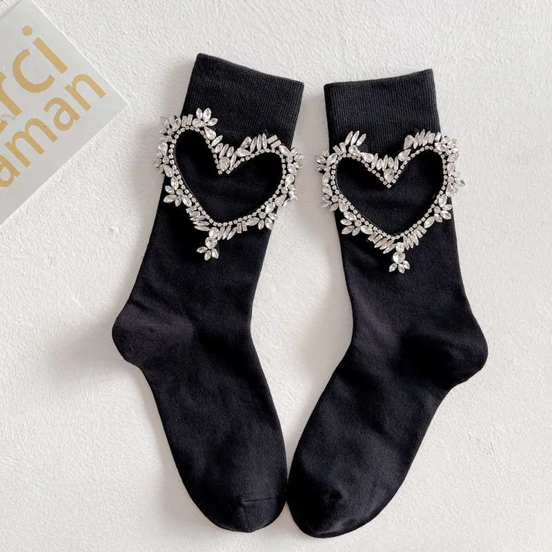 Luxury combed cotton chain diamond socks wholesale price fashion women hollow jewelry heart socks high quality plain black socks
