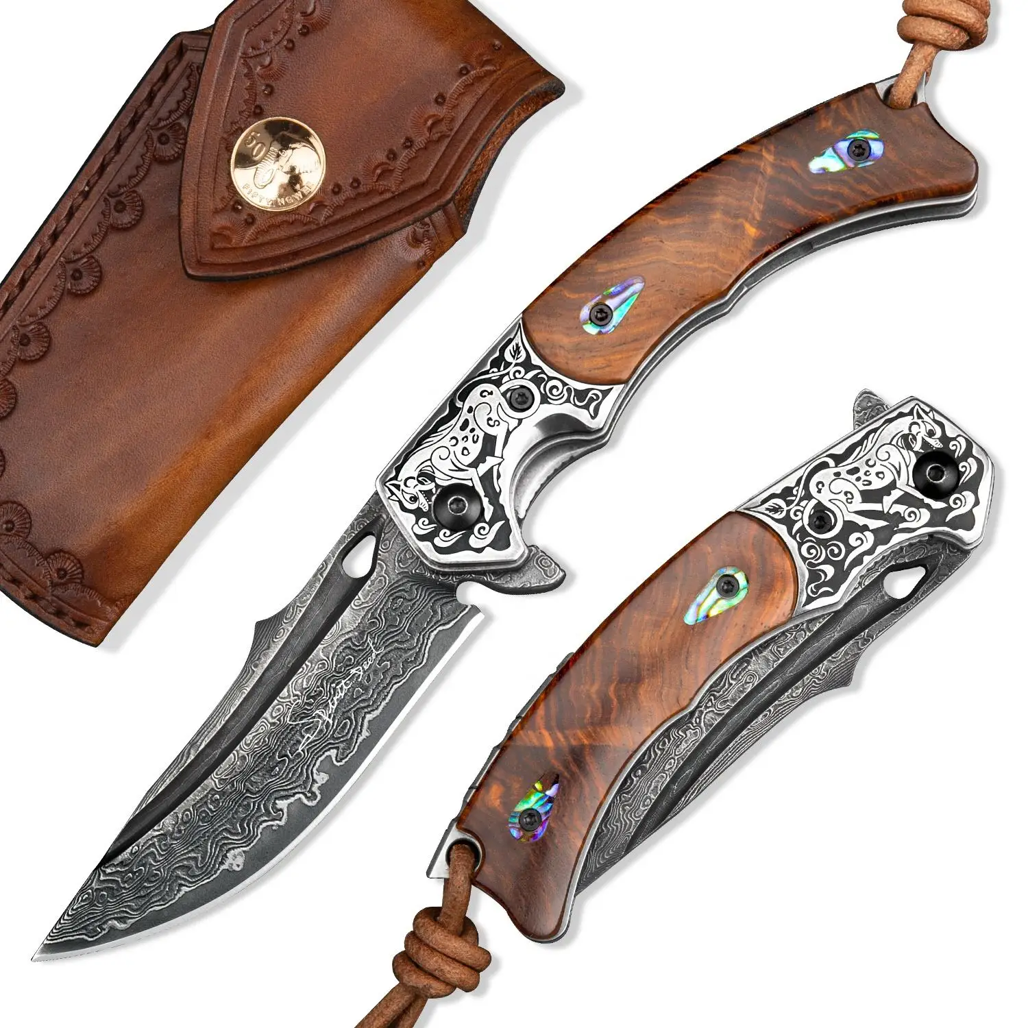 Rosewood Handle High End Handmade 67 Layer Japanese Steel Damascus Folding Pocket Knife with Holster