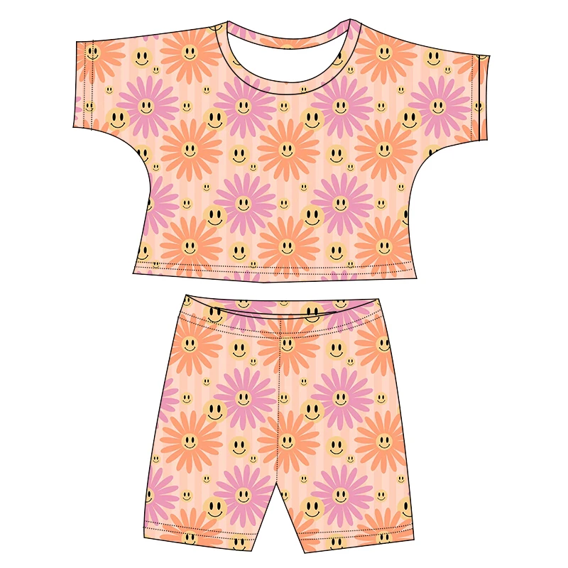 Wholesale Western Print Short Sleeve Crop Top Shirt Biker Short 2 Pieces Sets For Girl Summer Outfits Kids Lounge Sets