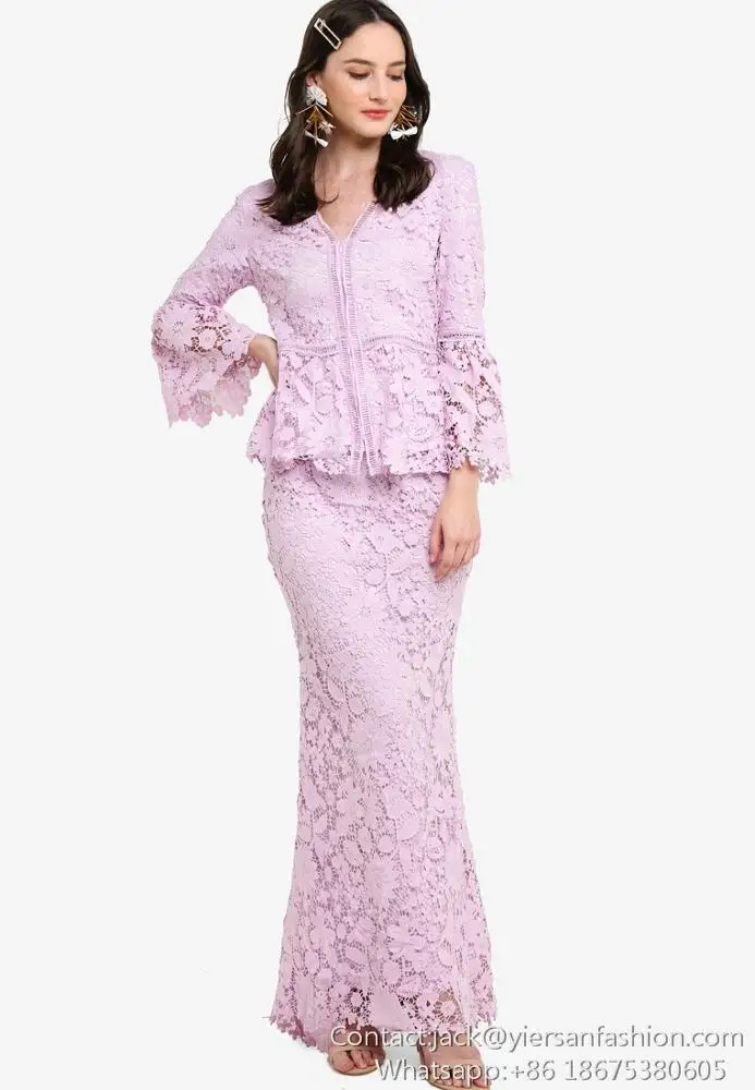 O Neck Flare Long Sleeves Lace Hollow Out Kebaya Modern Baju Kurung For Women