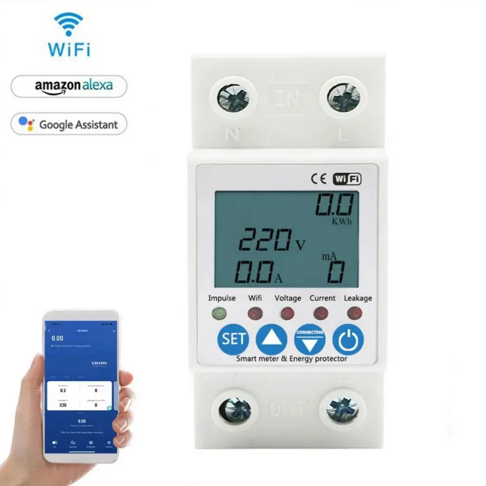 2P 63A TUYA APP WiFi Smart Circuit Earth Leakage Over Under Voltage Protector Relay Device Switch Breaker Energy Power kWh Meter