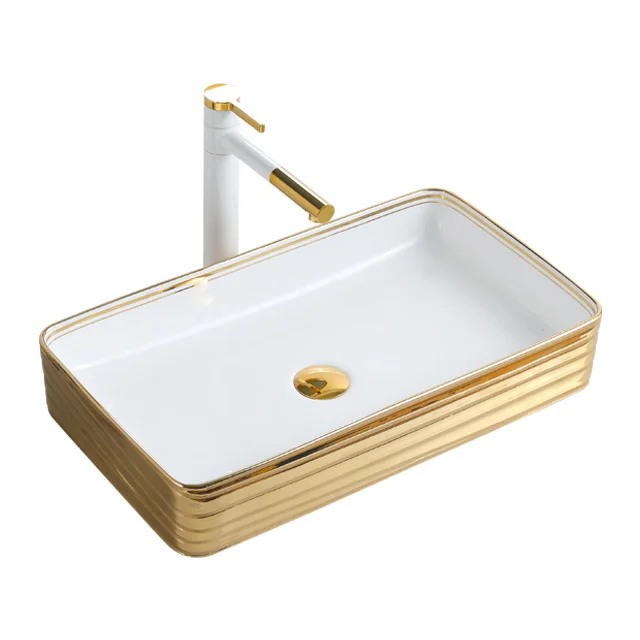 Emboss White Gold Basin Table Top Wash Basin Sink Bathroom Vessel Sink Gold Rim Lavabo Modernos Dorado