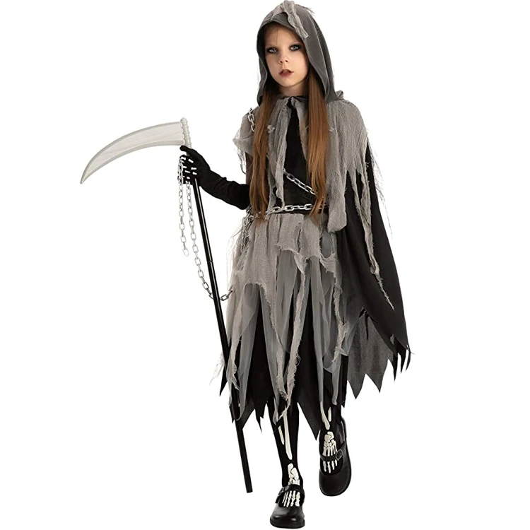 Children Costume Halloween Grim Reaper Cosplay Girl Costume Glow In The Dark Halloween Kids Dress Up Parties Reaper Girl Costume
