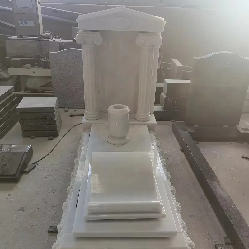 Cheap Custom China Hunan white marble headstone memorial tombstone monument with pillars and canopy