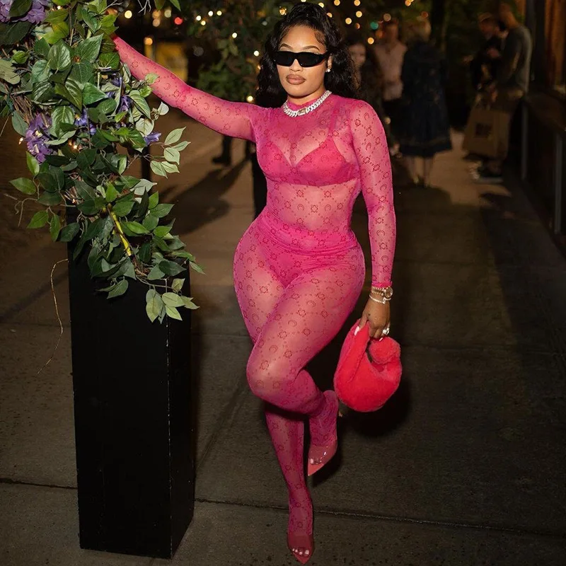 Women Mesh See Through Top and Long Pants 2 Piece Matching Sets Moon and Stars Print Night Club Sexy Party Outfits