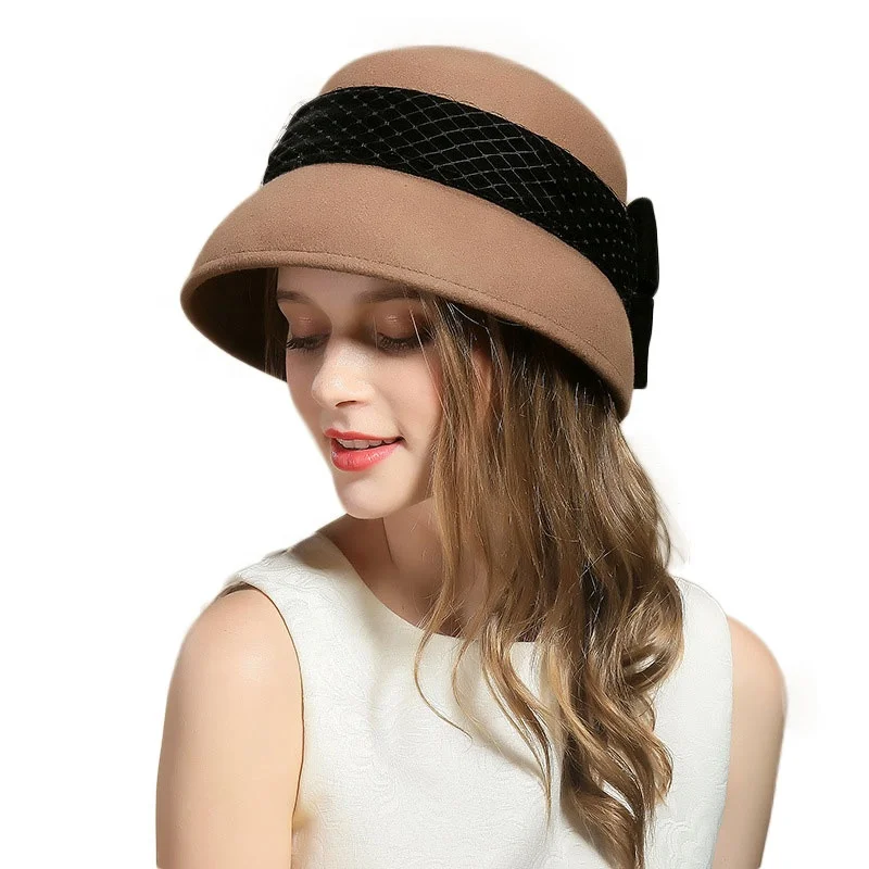 FS 2019 Winter Autumn Wool Felt Black Hat Wide Brim Fedoras Hats Women Elegant Floppy Cloche Hats For Church Big Bow Bowler Cap