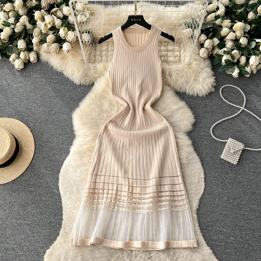 2023 Summer Sling Sexy Ins Dress Female Ice Silk A Word With Ice Silk Sleeveless Base Knitted Long Dress