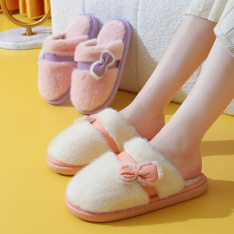 Bow Knot Beauty Comfort Fashion Closed Toe Warm Winter Sofe Fur Home Slippers