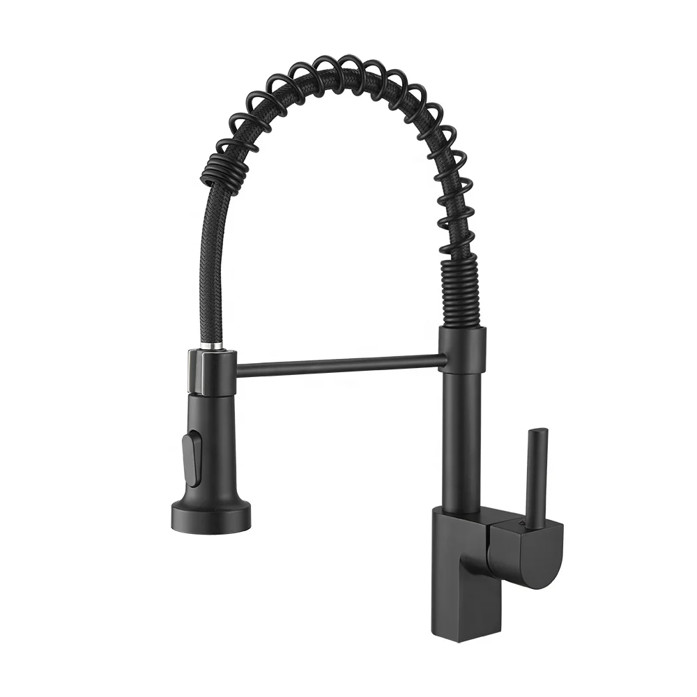  European Water Tap Spring Loaded Commercial Pull Out Black Brass Kitchen Sink Faucet With Down