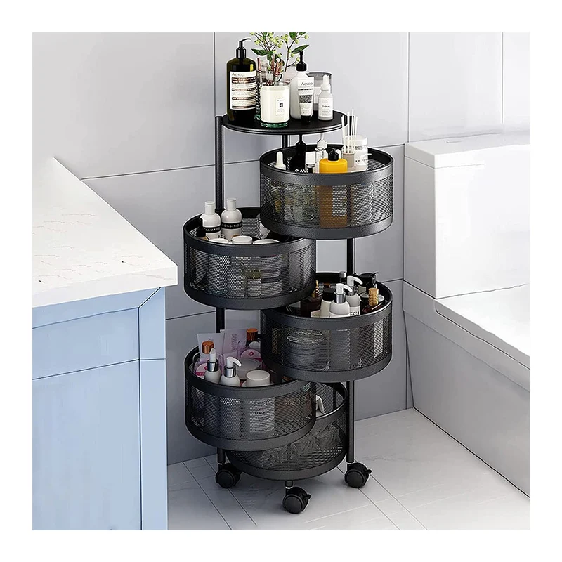 Round Storage Rack Kitchen 360 Rotating Fruit Vegetable Mesh Basket Kitchen Vegetable Storage Rack Rolling Storage Trolley Cart