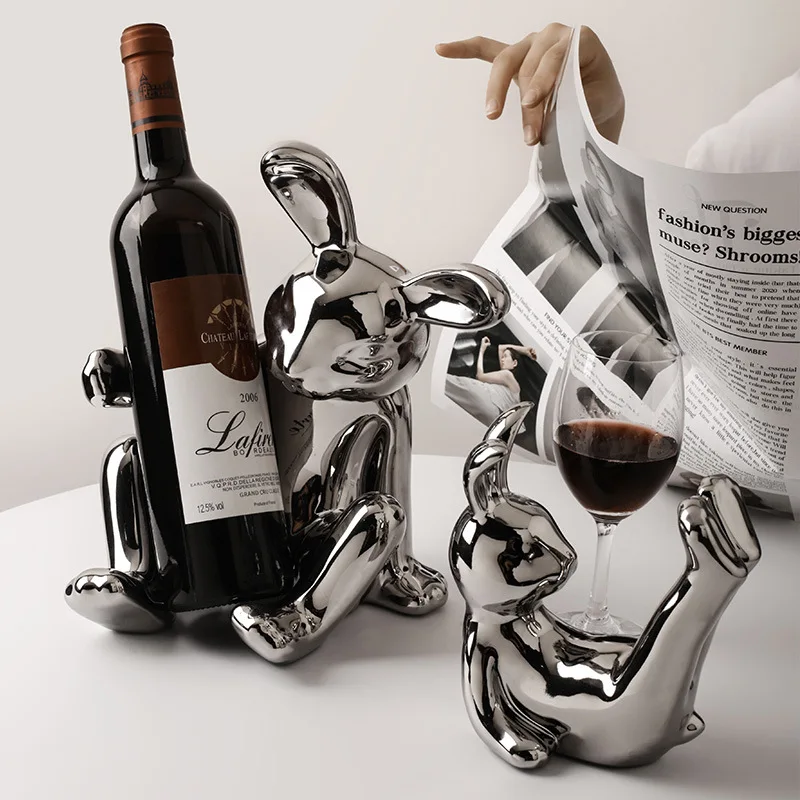 Wholesale other home decor plated silver rabbit wine holder dining room accessories ceramic table decoration