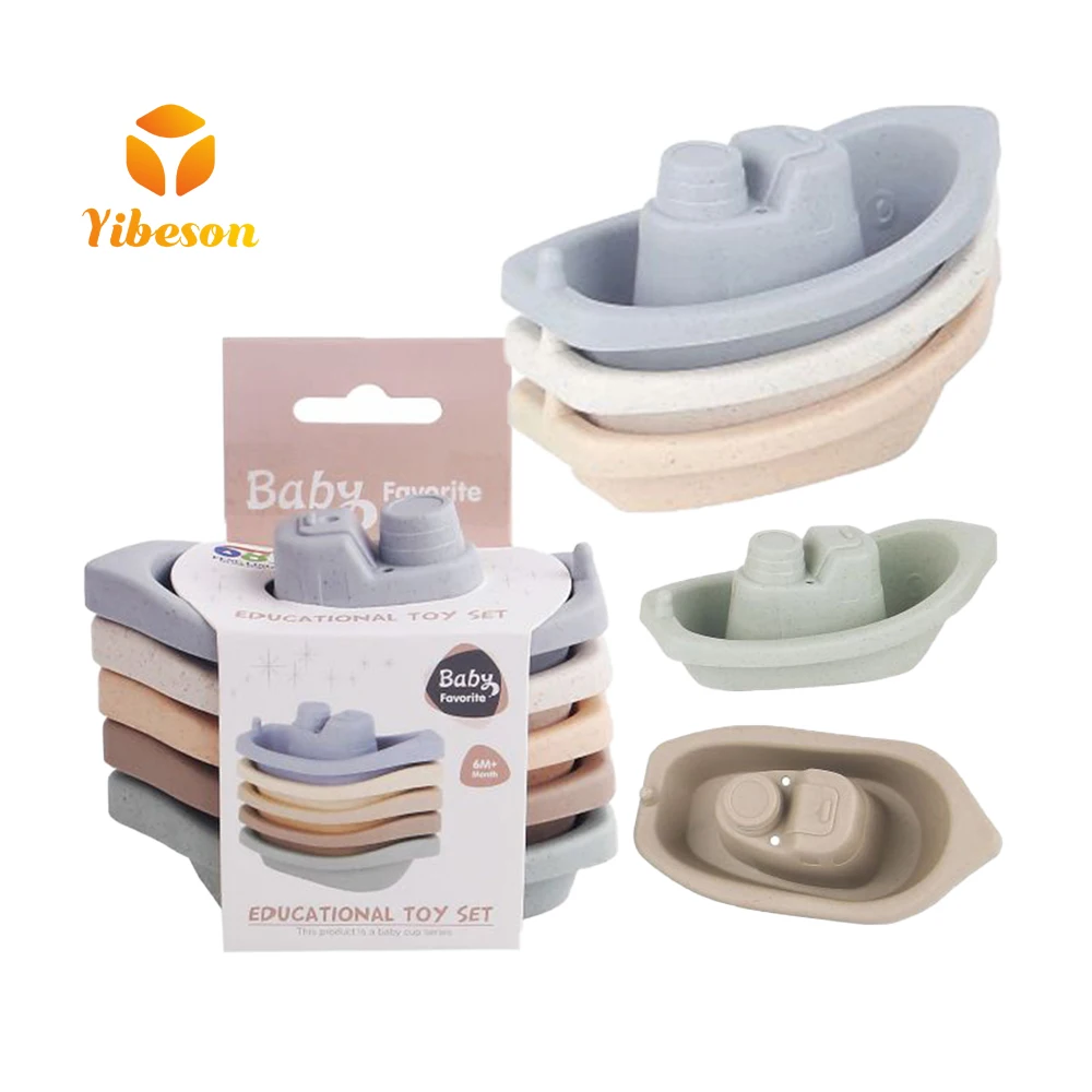 Custom Hot Selling Bathroom Cartoon Baby Stacking Ship Set 5 Piece Eco Friendly Wheat Straw Recyclable Plastic Boat Bath Toy