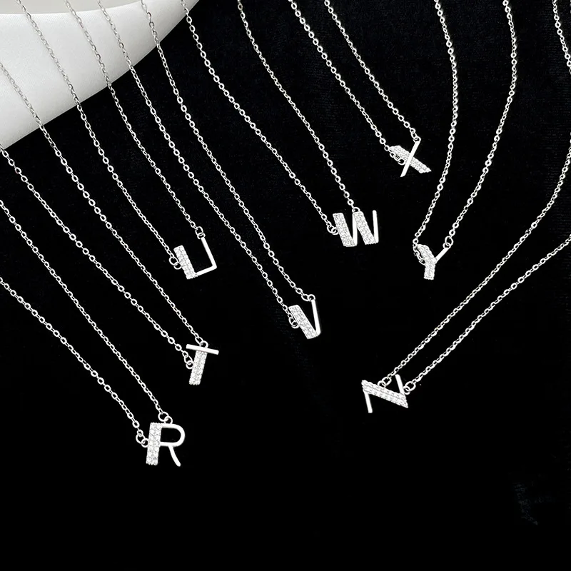 fashion jewelry 925 sterling silver minimalist necklace 26 letter alphabet diamond necklaces for women