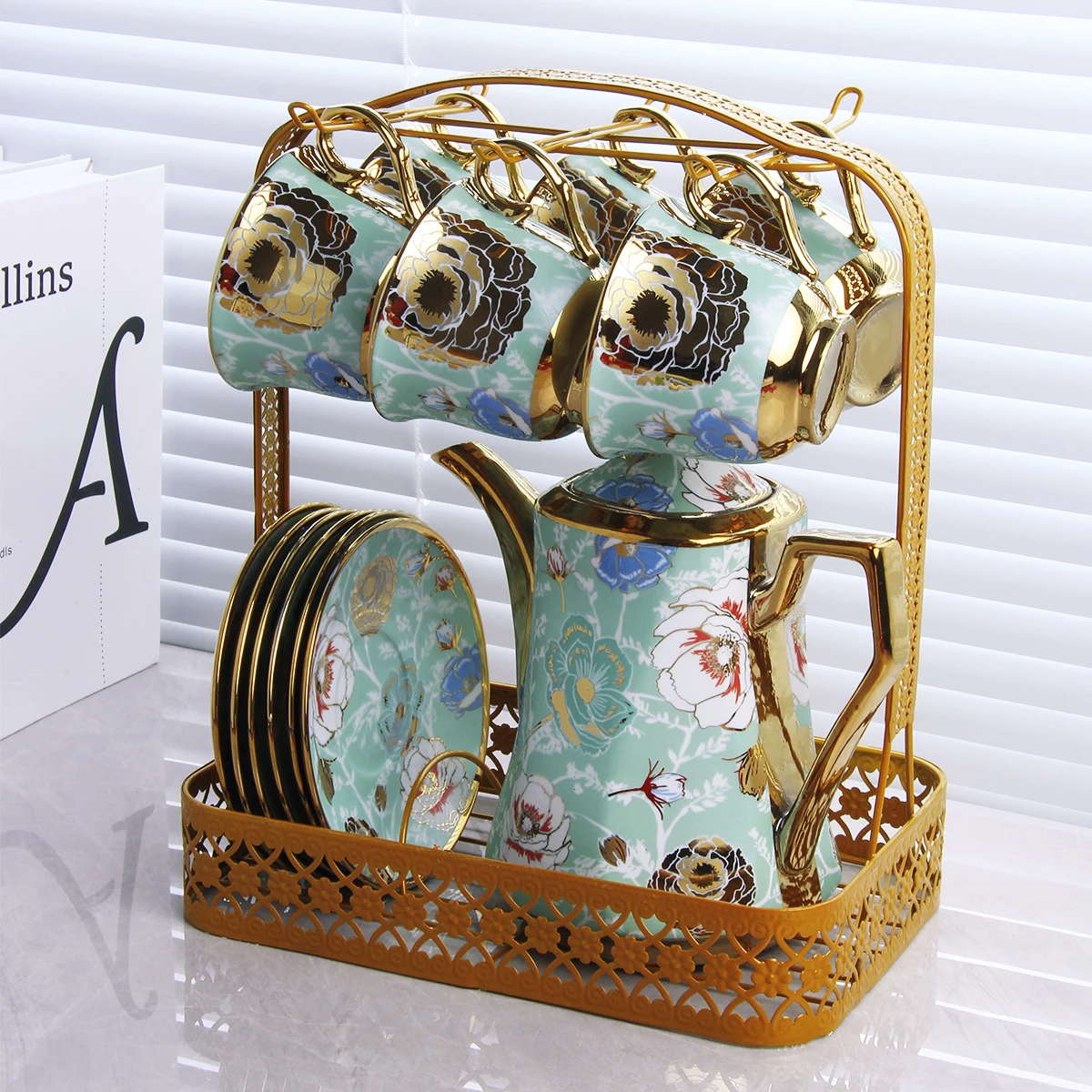 Deluxe 14PCS Water Set Arabia Gold Framed Porcelain Coffee & Tea Cup Set with Teapot Tray Ceramic Tea Cup Set