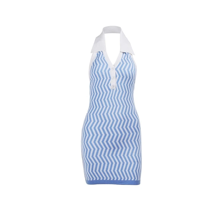 Exquisite design collar fashion contrast color open back wool knit wrap hip open back dress