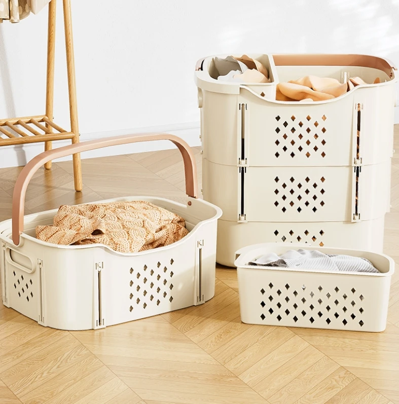 Portable Plastic Foldable Laundry Hamper with Handles, Collapsible Clothing Baskets and Underwear Compartment for Home Storage