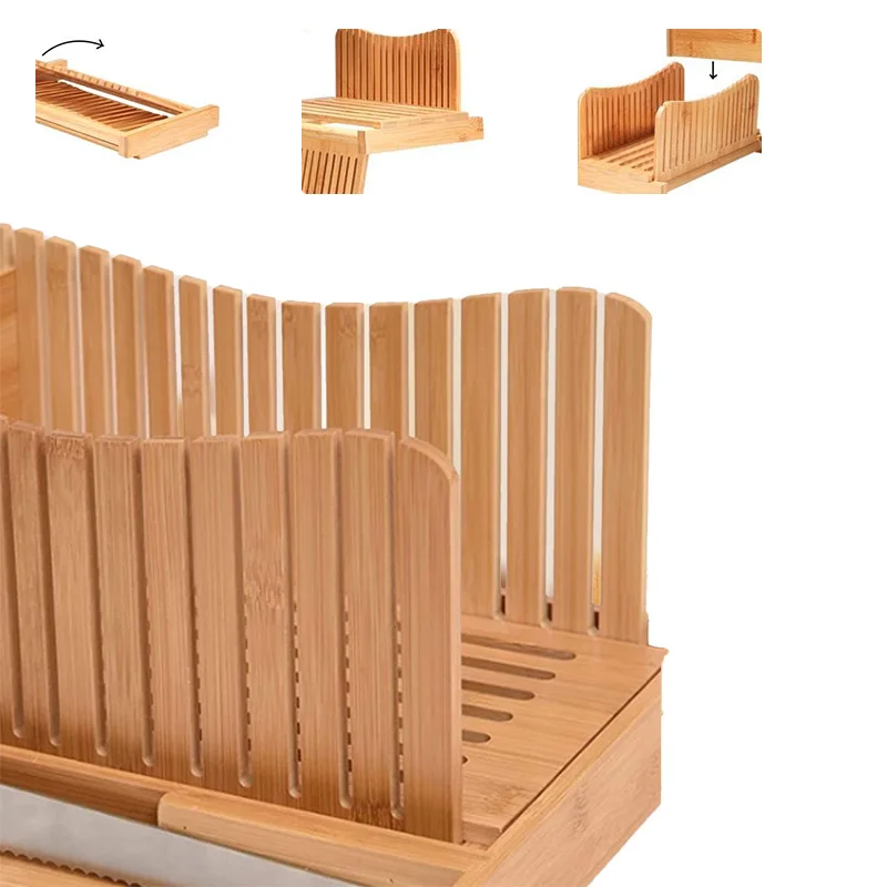 Bread Slicer Cutting Guide with Knife - 3 Thickness Size, Bamboo Foldable Compact Chopping Cutting Board with Crumb Tray