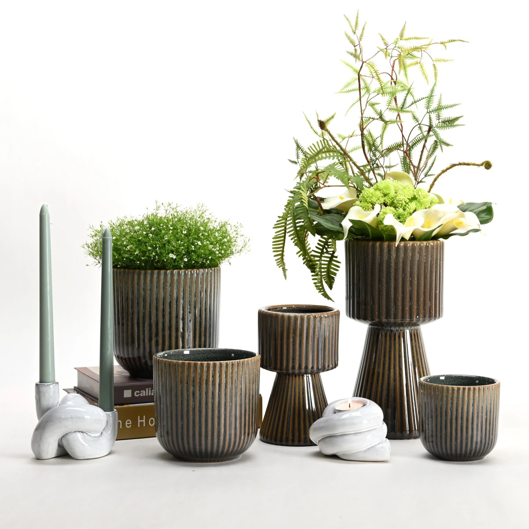 Retro custom shape striped embossed bonsai garden rectangular indoor planter chinese porcelain flower pots