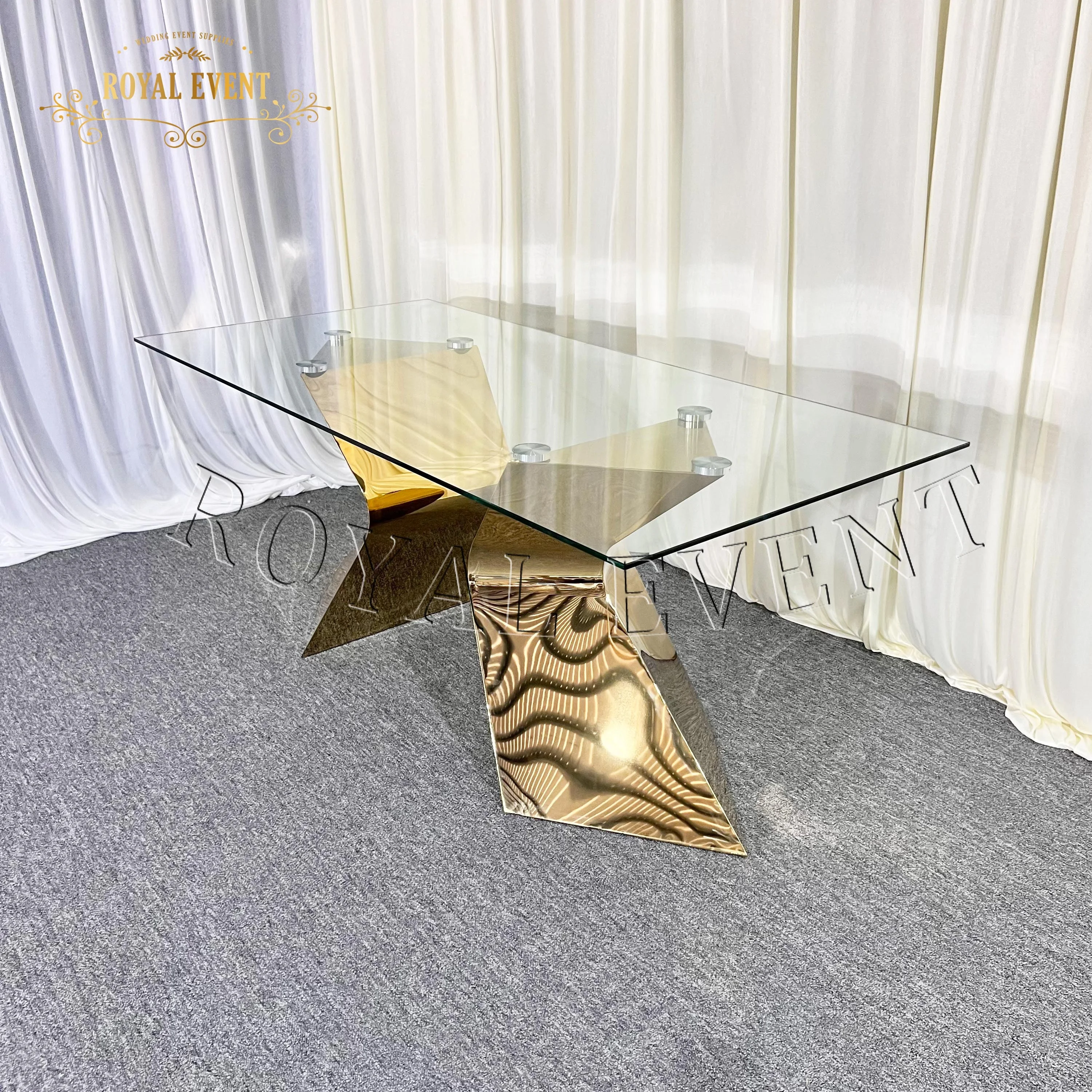 Luxury Design Gold Stainless Steel Wedding Table Elegant Bridal dining Table glass top hotel furniture dining table For Wedding