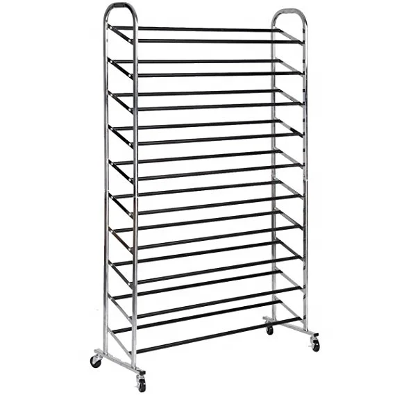 Chrome 10-Tier 50-Pair Stainless Steel Shoe Rack, Sturdy Rolling Steel Shoe Organizer with Non-Slip Bars