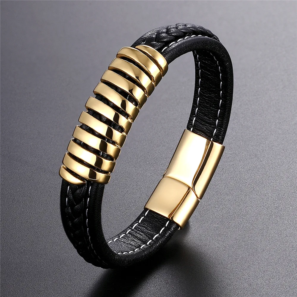 Lateefah OEM Stainless Steel Men Bracelet Leather Cord Bracelet Braided Leather Bracelet Women