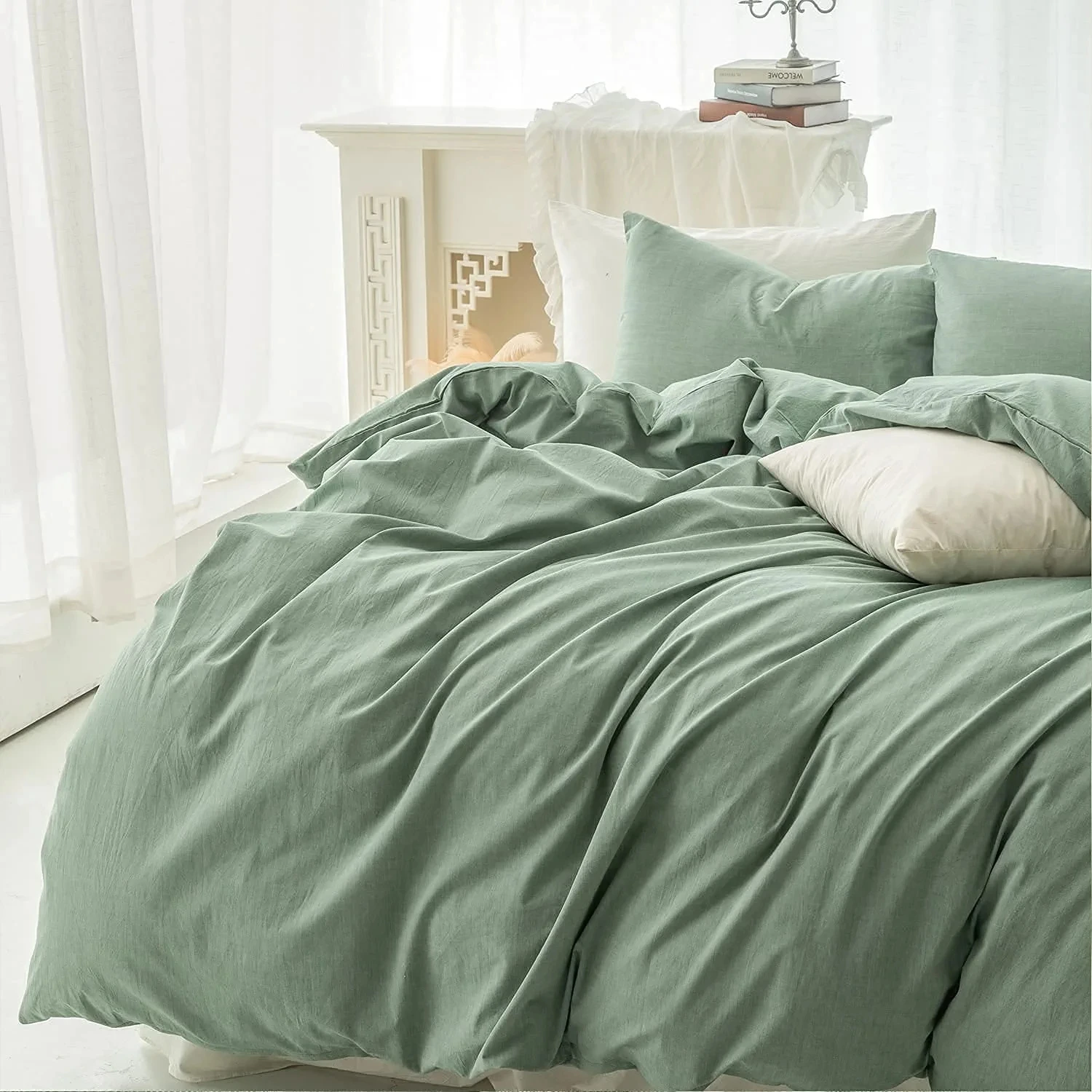 New Design Luxury Washed Cotton Queen Size 3 Piece Bedding Sets Linen Feel Soft Wrinkled Solid Duvet Cover Set with Pillow