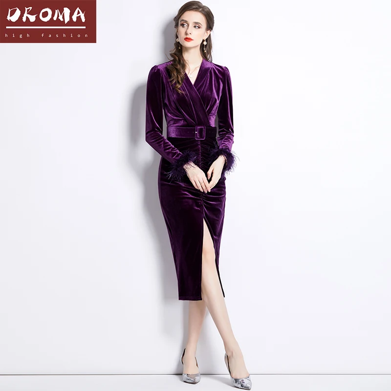 Droma in stock new fashion high end velvet sexy v neck long sleeve casual dresses elegant women party dress with belt