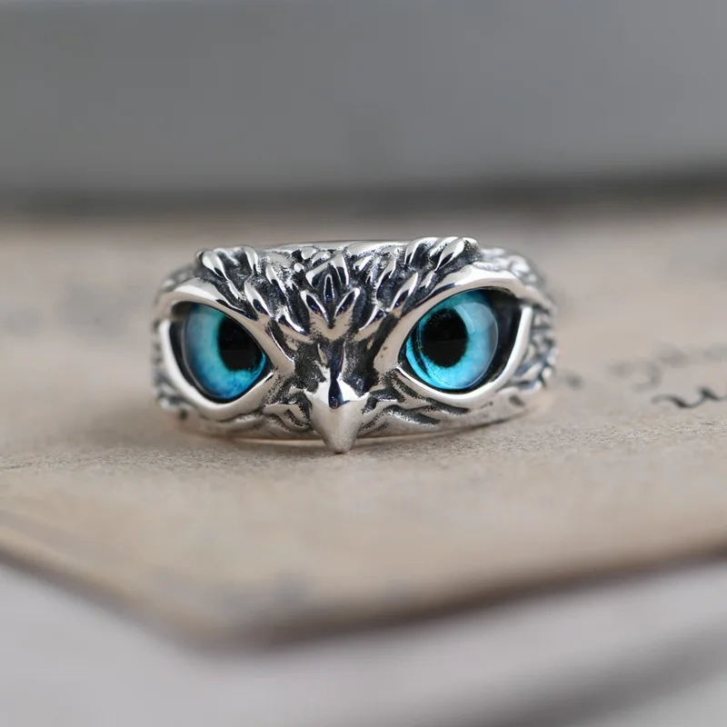 Custom Sterling Silver Retro Animal Demon Eye Owl Ring For Women Girls