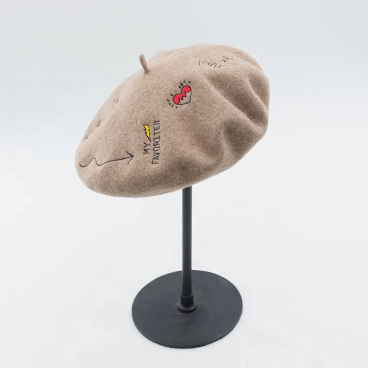 WD-A956  Winter Autumn Ladies Embroidered Carton Pattern Winter Wool Girls Beret Hat 2024