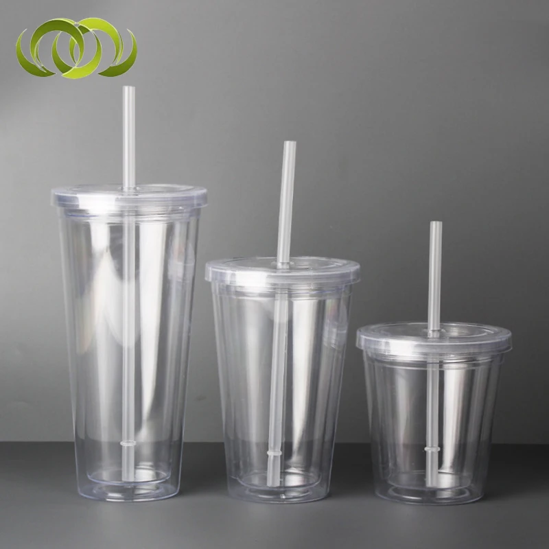 Custom Logo Printed 16oz 24oz Clear Acrylic Bubble Tea Cup Double Wall Reusable Plastic Tumbler With Straw And Lid
