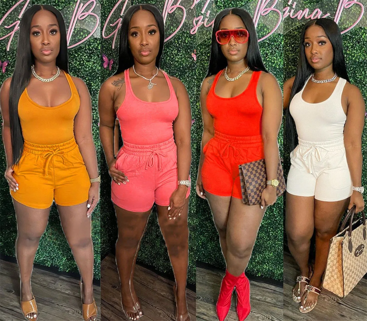 2022 New arrival custom logo solid color summer clothes casual sexy halter vest cover up sweatpants two piece shorts set