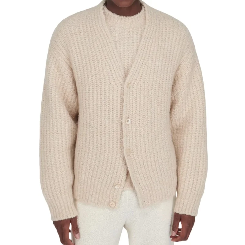 Wholesale Custom Soft Wool Blend 7GG Chunky Knit Cardigan for Man Button-up Fuzzy V-neck Knitwear Cozy Winter Fashion Sweater