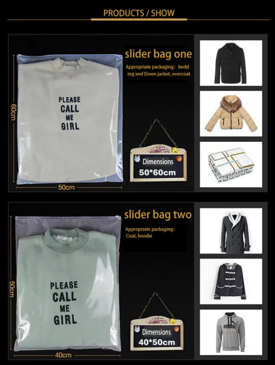 Custom Eco-friendly plastic zipper packing frosted transparent slider zipper bag for Garment Accessories