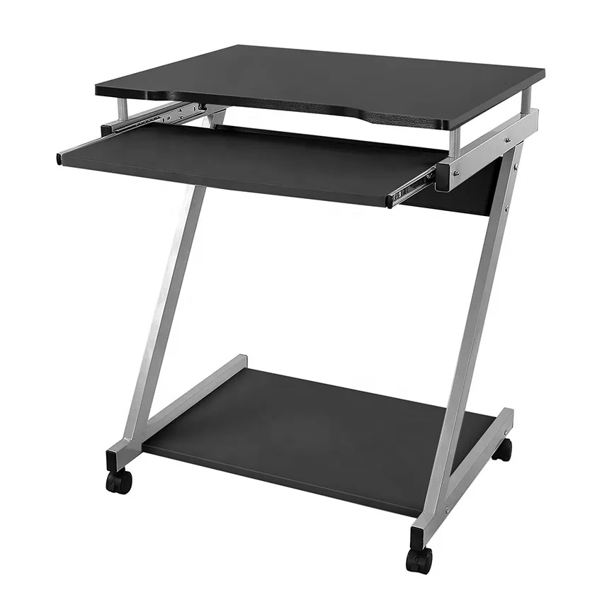 Modern Simple Design Portable Movable Trolley Workstation Home Office Z Shaped Metal Wooden 4 Wheels Computer Table