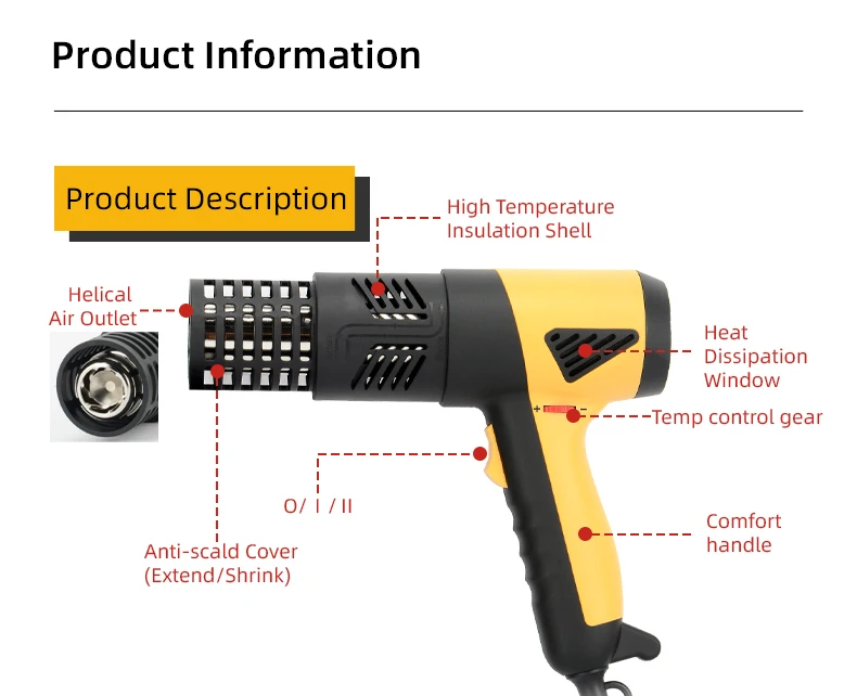 LK-666S Various Temperatures Heat Guns Hot Air Gun Pistol Thermal Blower 50~830 Celsius degrees with nylon protective shield