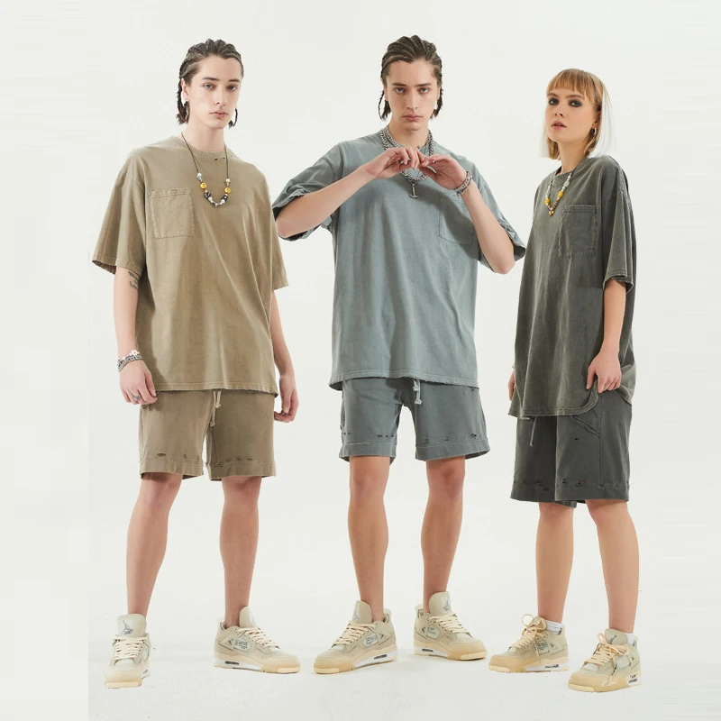 Lcool custom streetwear t shirt blank heavyweight washed oversize shorts sets men t shirt set