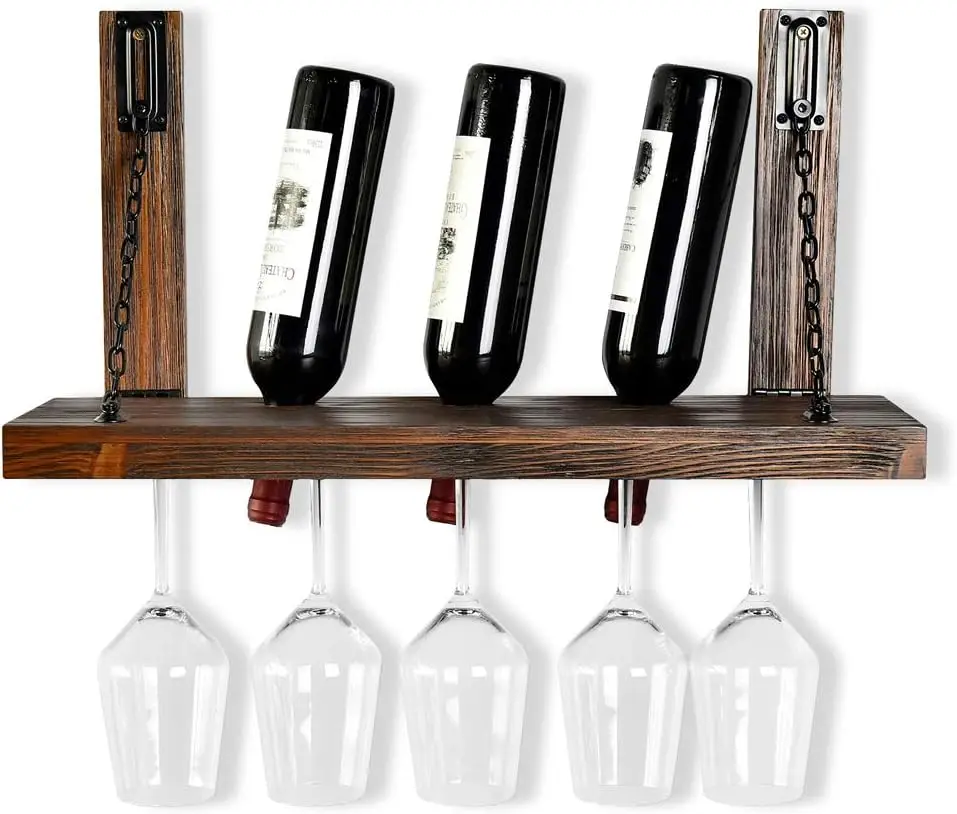 Wall Mounted Wine Rack with Glass Holder  Floating Wine Shelf for Kitchen Rustic Pine Wood