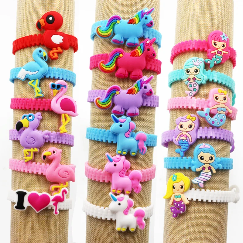 Wholesale Cute and Lovely Soft Cartoon Rubber Flamingo and Unicorn Animal Plastic Bracelets Educational Toys for Kids PUT008