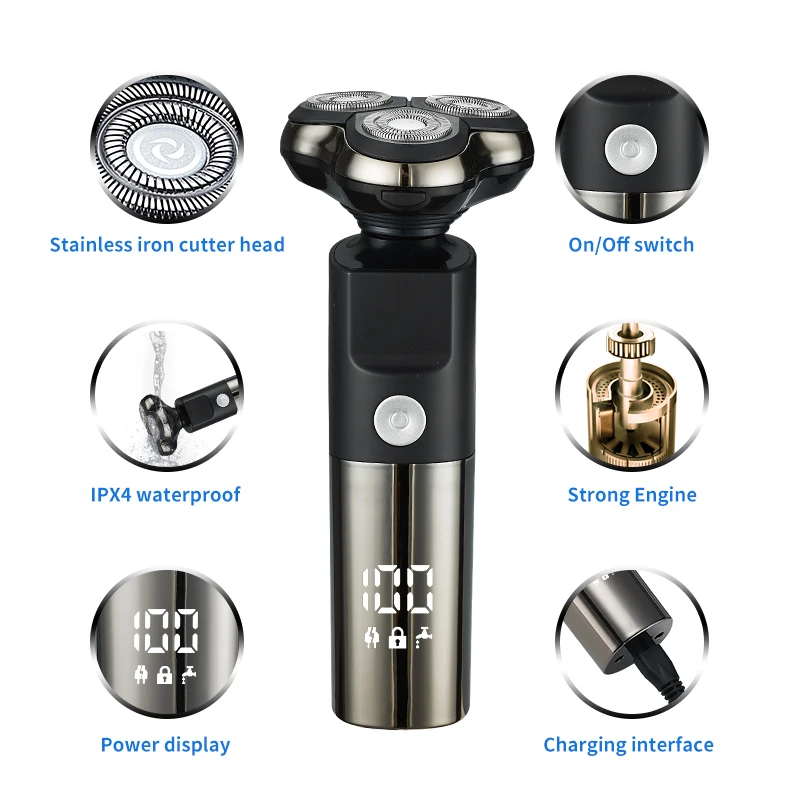 New Triple Rotary Heads Waterproof Beard Shaver For Men Rechargeable Electric Shaver Razor With Led Display